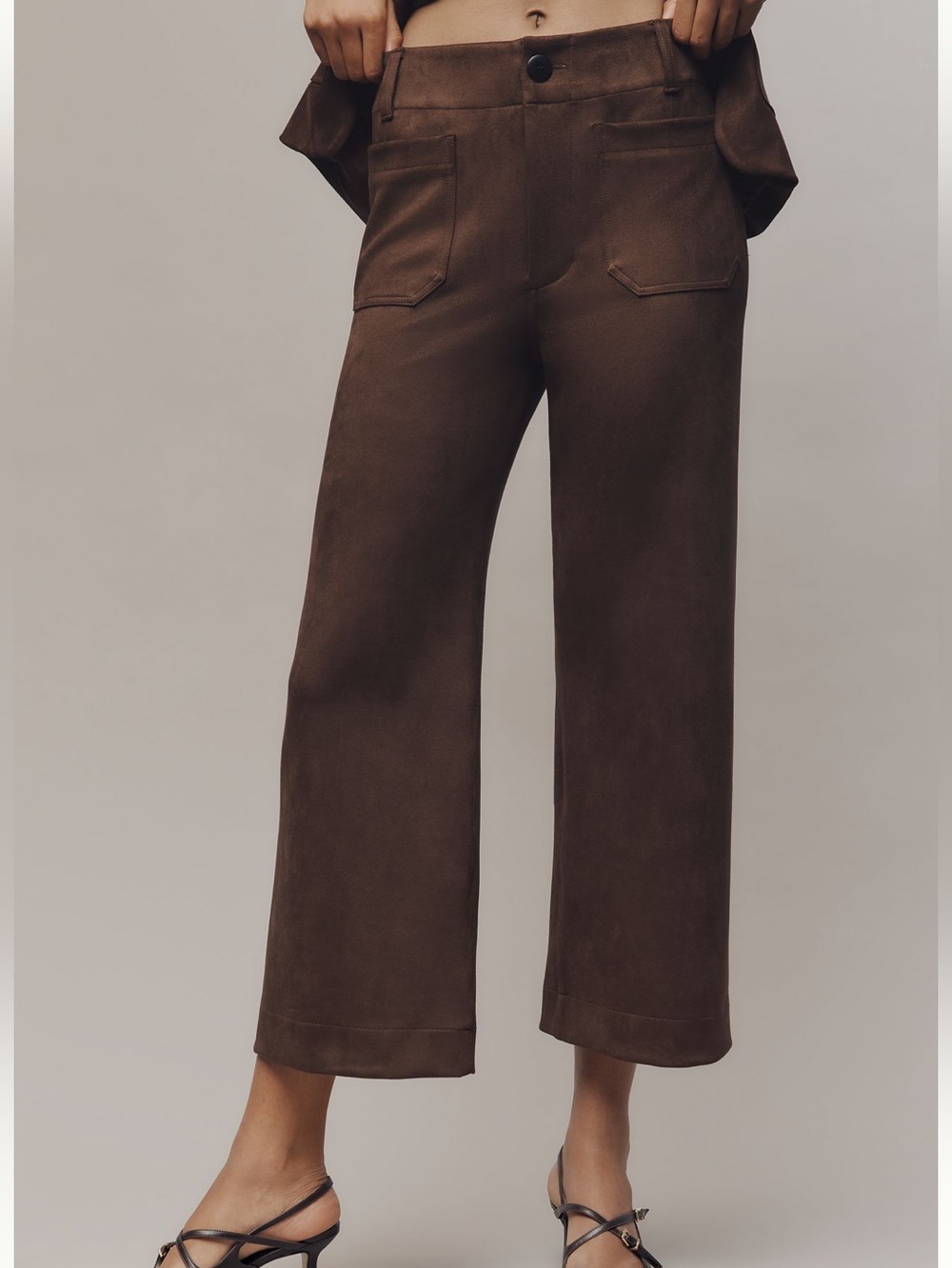 Anthropologie Colette Pants Maeve Cropped Wide-Leg High-Rise Suede Pants Brown